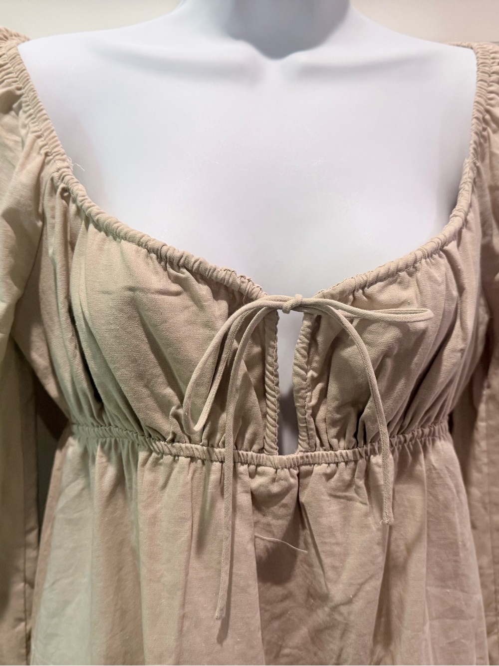 Beige Long-Sleeve Peasant Mini Dress with Tie Front - Picture 4 of 7